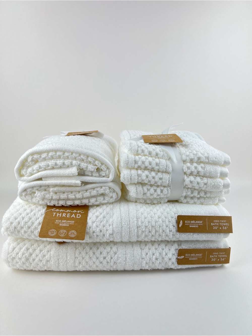 Common Thread Bath Towels White Eco Melange Bamboo Soft Cotton 9 Pc Set NEW